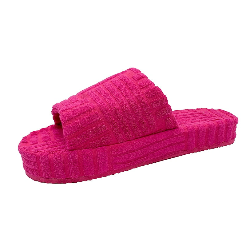 Luxury Brand Peep Toe Thick Sole Women Slippers Green Corduroy Flat Outwear Ladies Slides Summer Autumn Runway Flip Flops Women