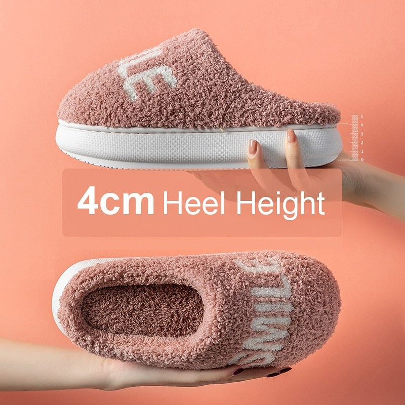 Women Men Fluffy Slippers Winter Warm Cotton Shoes Cute Bear 4cm High Heel Home Indoor Bedroom Creepers Girls Boys Fur Slides