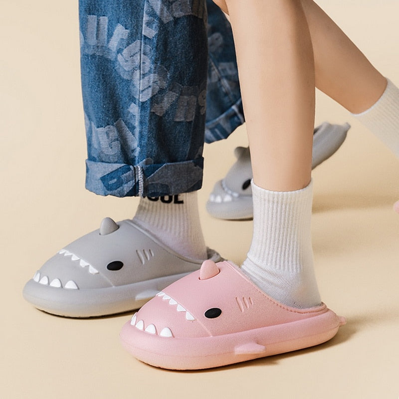 Cute Cartoon Shark Cotton Slippers Adults Kids Warm Winter Shoes Parents Children Waterproof Indoor Outdoor Plush Soft Slides